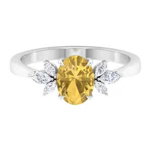 Claw Set Oval Citrine Solitaire Ring with Marquise Diamond Trio