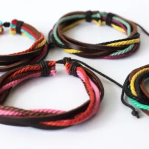 colorful rope and brown leather wrap bracelet