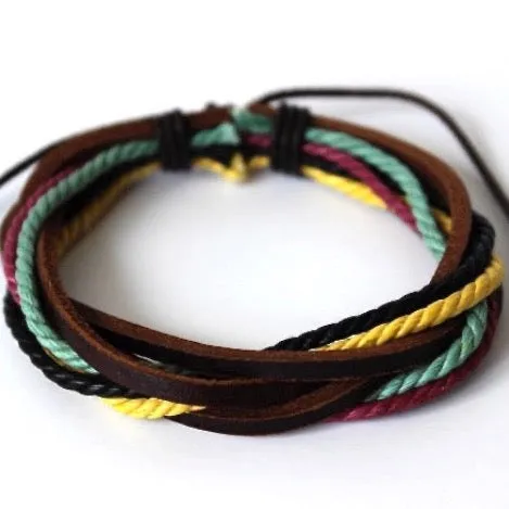 colorful rope and brown leather wrap bracelet