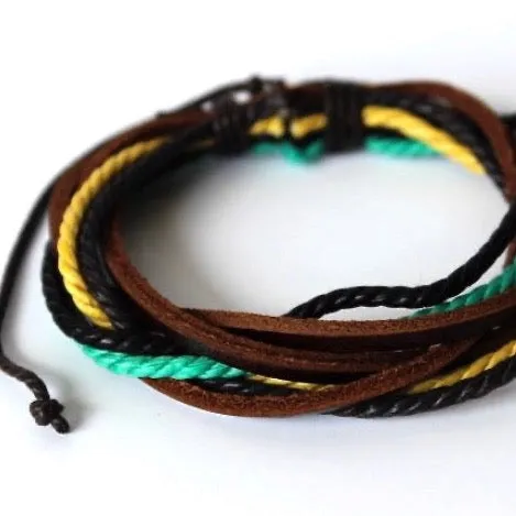 colorful rope and brown leather wrap bracelet