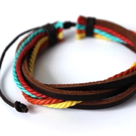 colorful rope and brown leather wrap bracelet