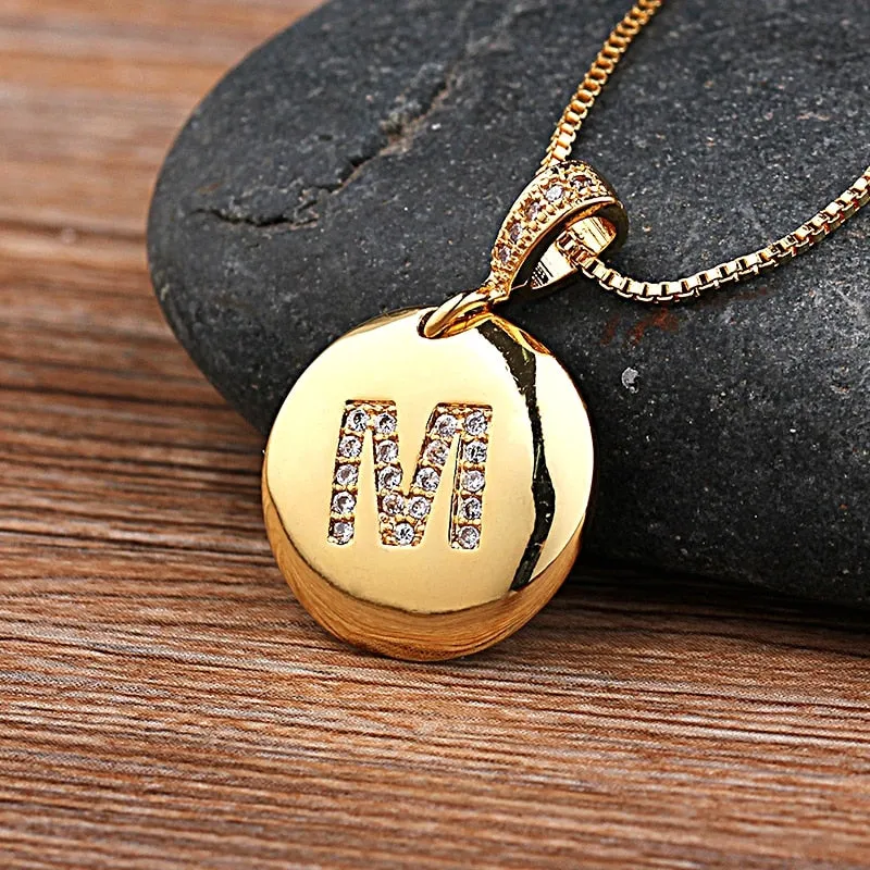 Copper Round Pendant Necklace with Initial A-Z Zircon in Gold Color