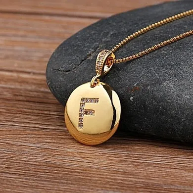 Copper Round Pendant Necklace with Initial A-Z Zircon in Gold Color