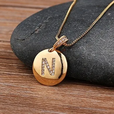 Copper Round Pendant Necklace with Initial A-Z Zircon in Gold Color