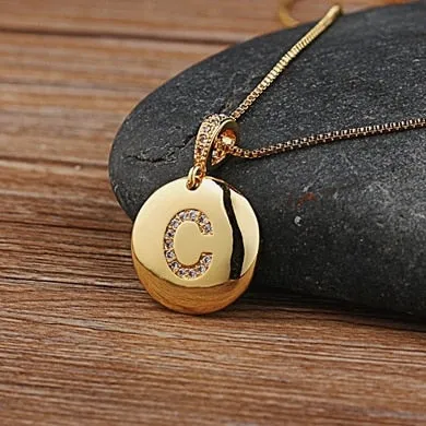 Copper Round Pendant Necklace with Initial A-Z Zircon in Gold Color