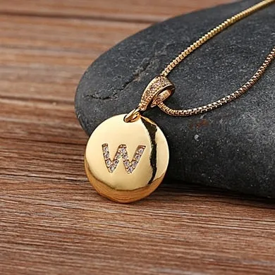 Copper Round Pendant Necklace with Initial A-Z Zircon in Gold Color