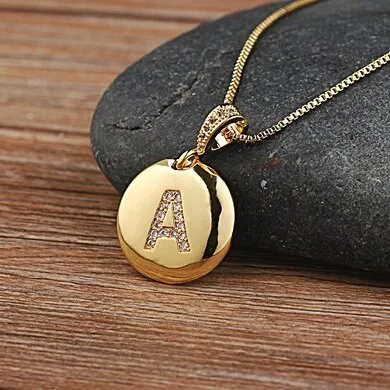 Copper Round Pendant Necklace with Initial A-Z Zircon in Gold Color