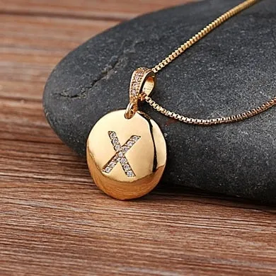 Copper Round Pendant Necklace with Initial A-Z Zircon in Gold Color