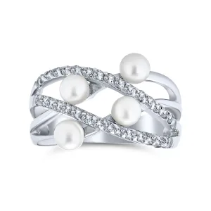 Crossover Criss Cross Silver Ring with White Simulated Pearl Fashion Statement Style