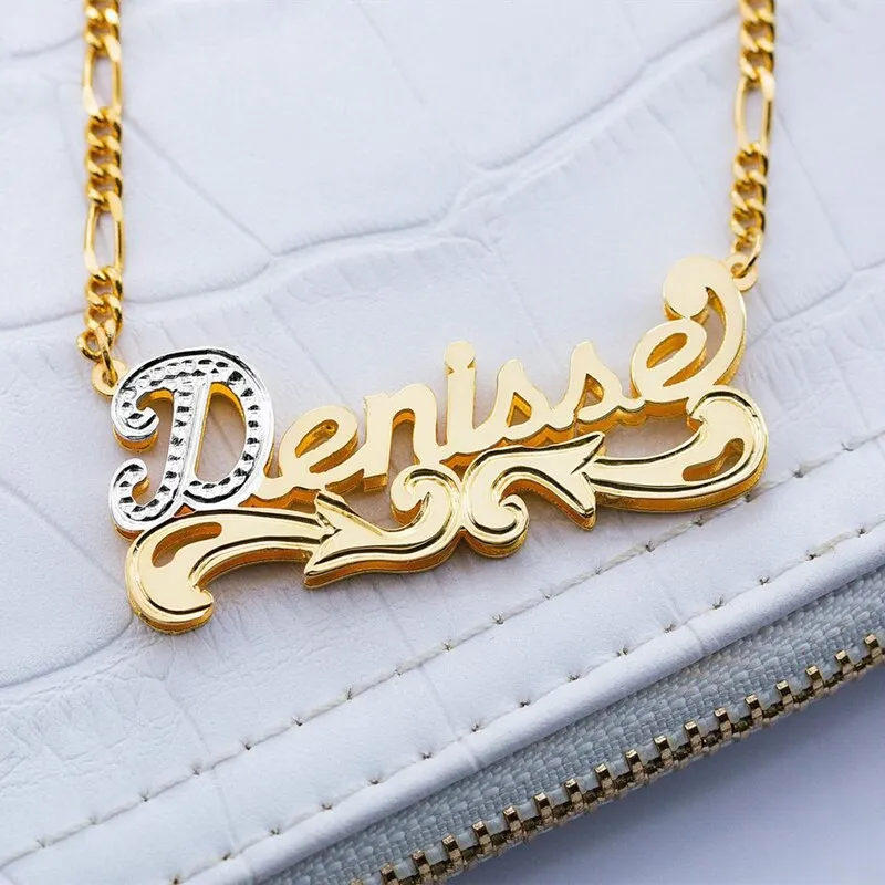 Customized Nameplate Necklace Double Name Plate Pendant Custom Letter With Figaro Chain