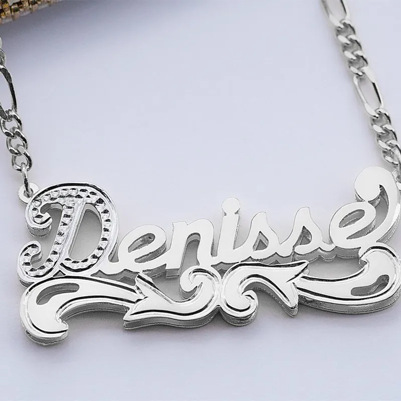 Customized Nameplate Necklace Double Name Plate Pendant Custom Letter With Figaro Chain