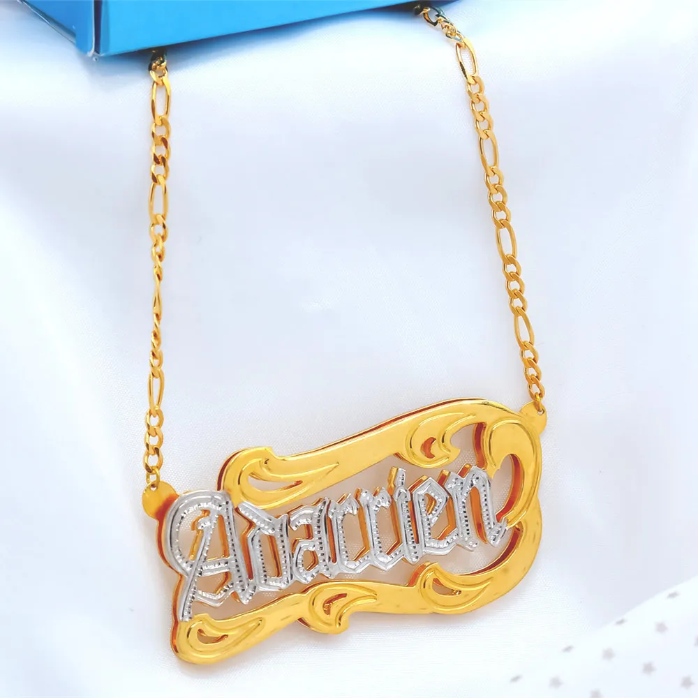 Customized Nameplate Necklace Personalized Custom 3D Double Pendant Name Necklace Figaro Chain