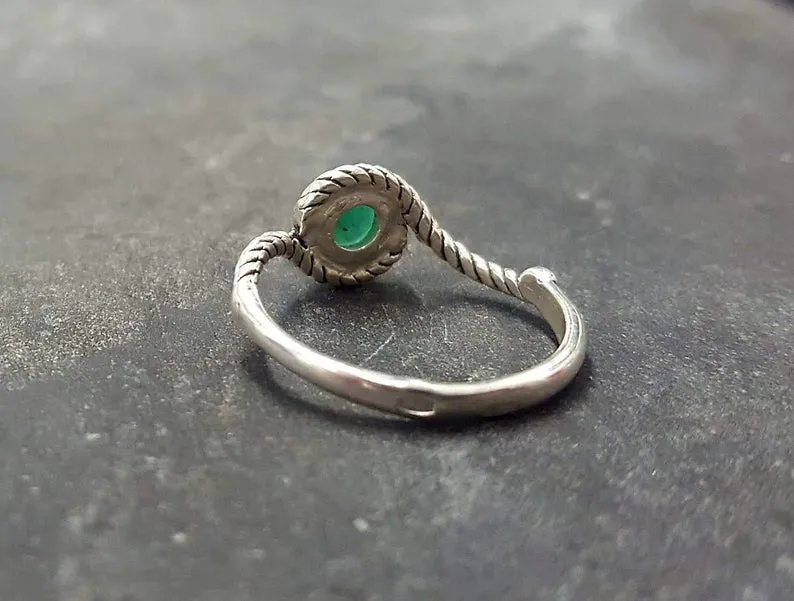 Dainty Emerald Ring - Silver Rope Band - May Birthstone Ring