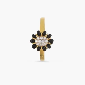 Delicate Floral CZ Silver Black Bead Ring