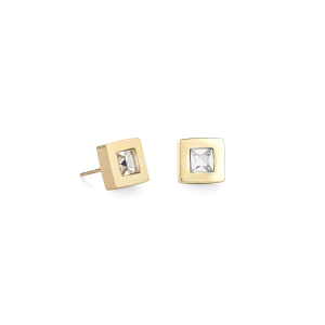 Earrings square stainlees steel gold & crystal