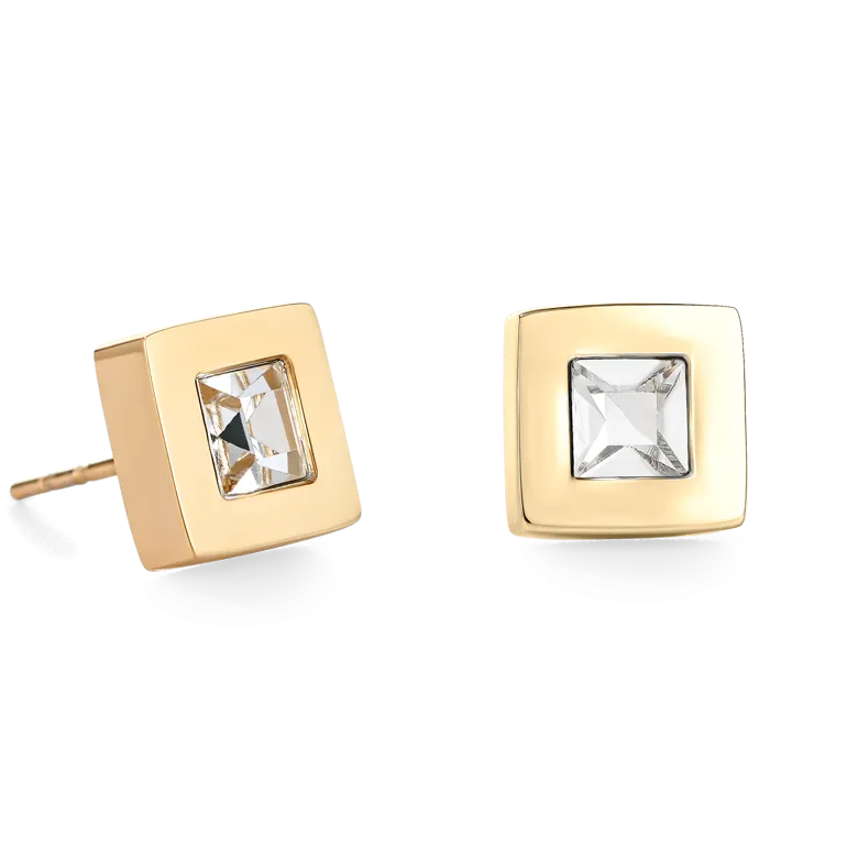 Earrings square stainlees steel gold & crystal