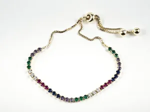 Elegant Multi Color Round CZ Thin Draw String Style Gold Tone Silver Bracelet