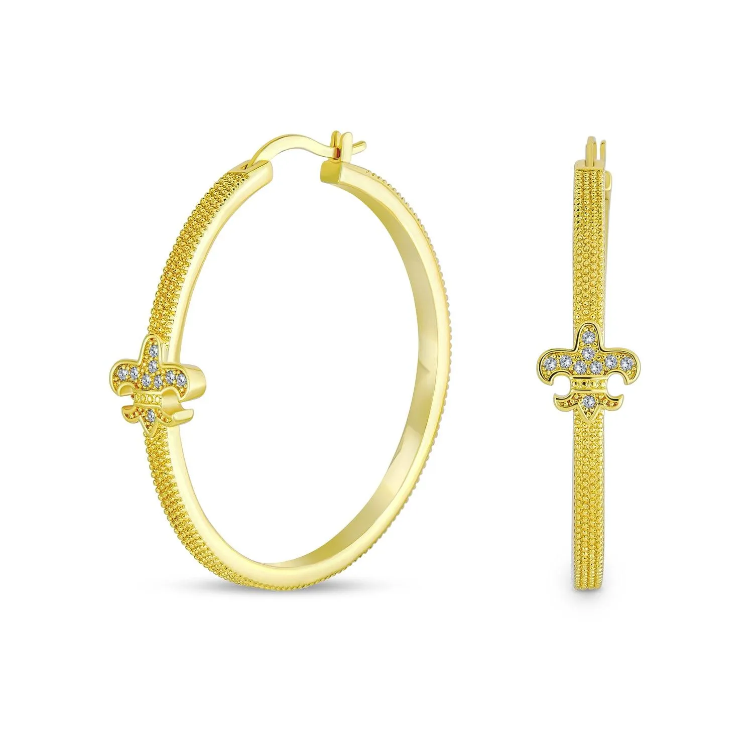 Fleur De Lis Textured CZ Hoop Earrings 14K Gold Plated 1.75" Diameter