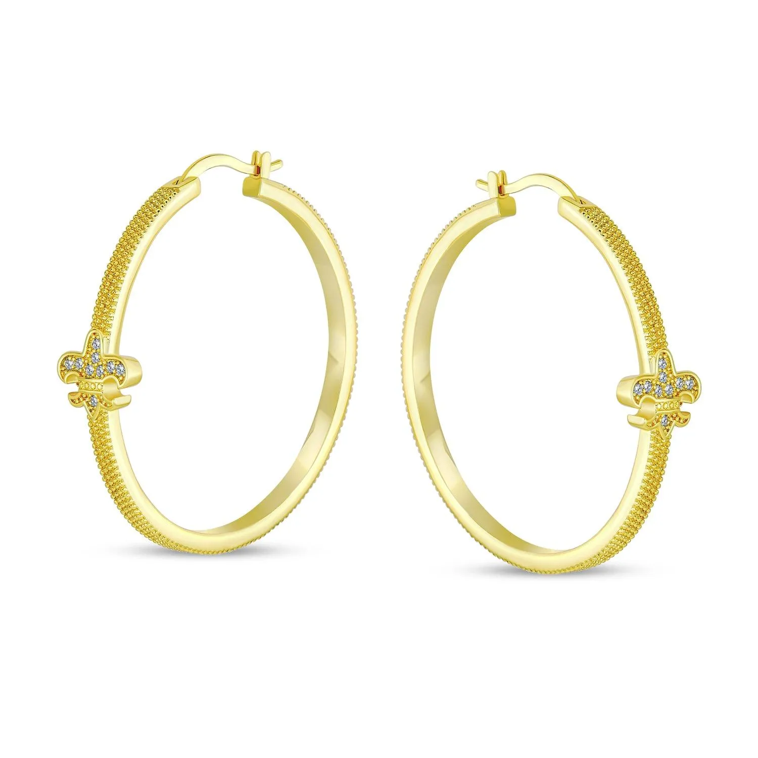 Fleur De Lis Textured CZ Hoop Earrings 14K Gold Plated 1.75" Diameter