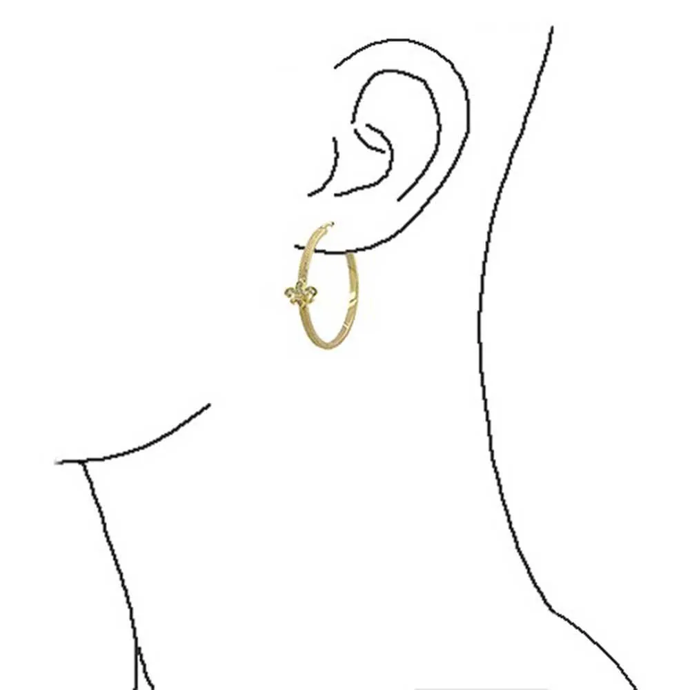 Fleur De Lis Textured CZ Hoop Earrings 14K Gold Plated 1.75" Diameter