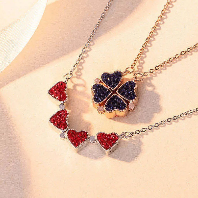 Foldable Magnetic Button Four Heart Leaf Clover Necklace