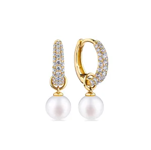 Freshwater Pearl and Cubic Zirconia Huggie Earrings in 9ct Yellow Gold