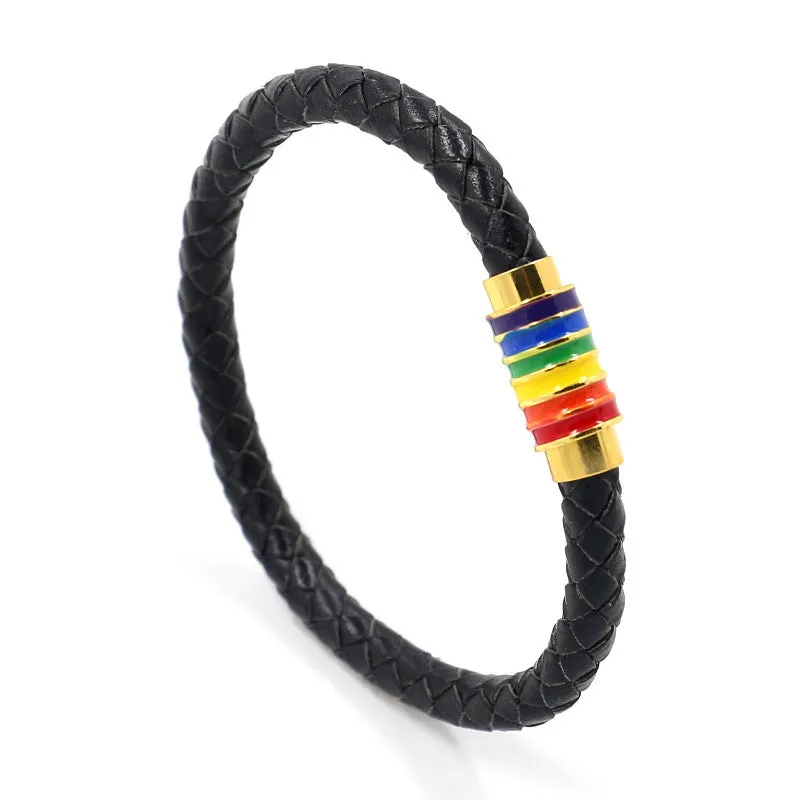 Gay Europe And America Woven Leather Rainbow Colorful Bracelet