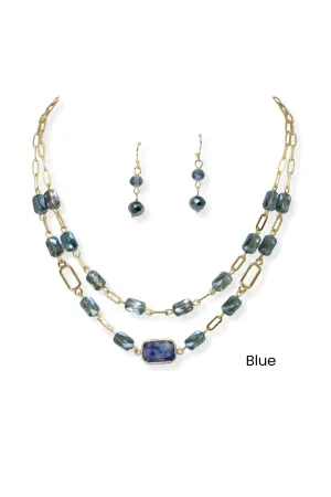 Geometric Semi Precious Stone Accent Double Layered Necklace