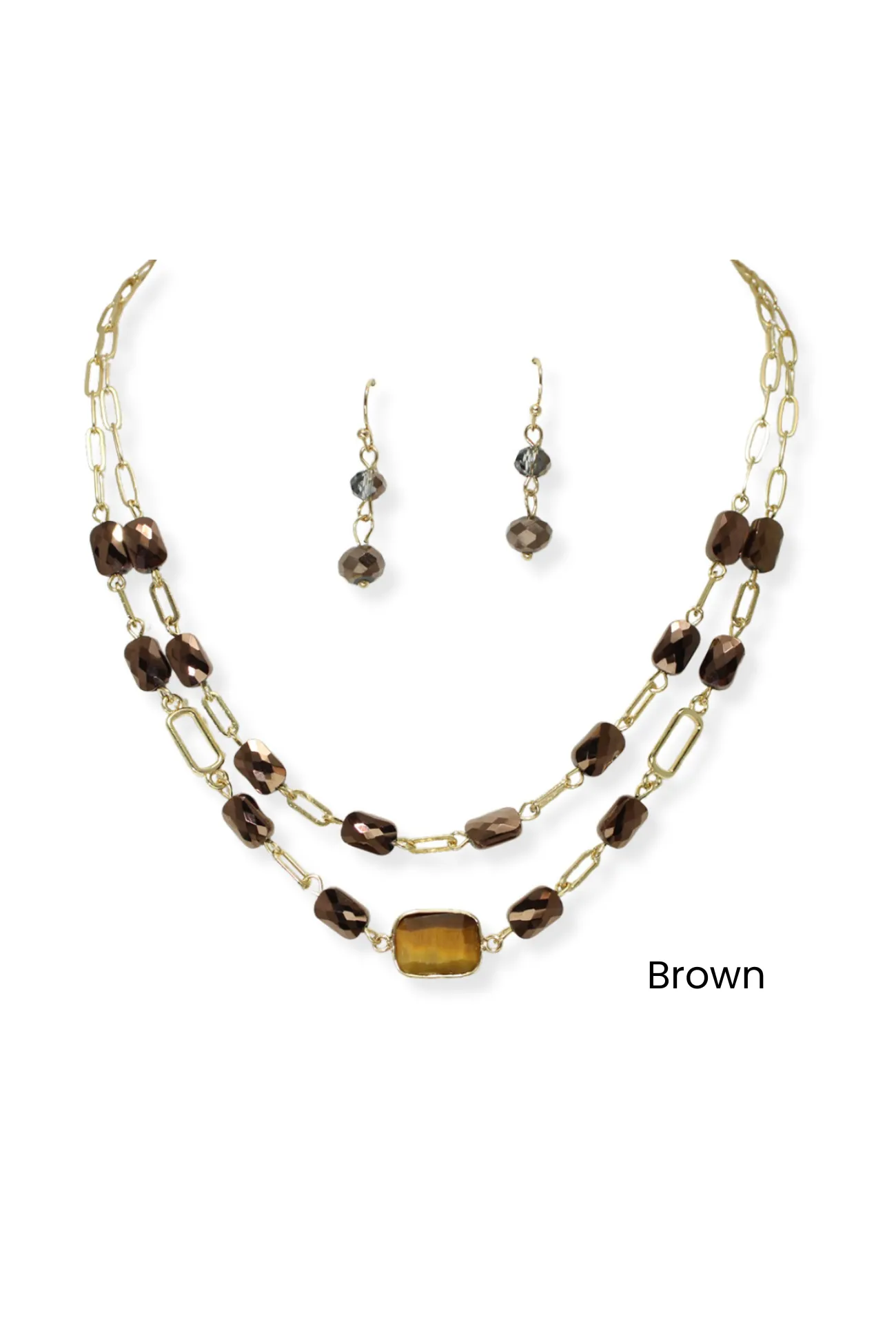 Geometric Semi Precious Stone Accent Double Layered Necklace