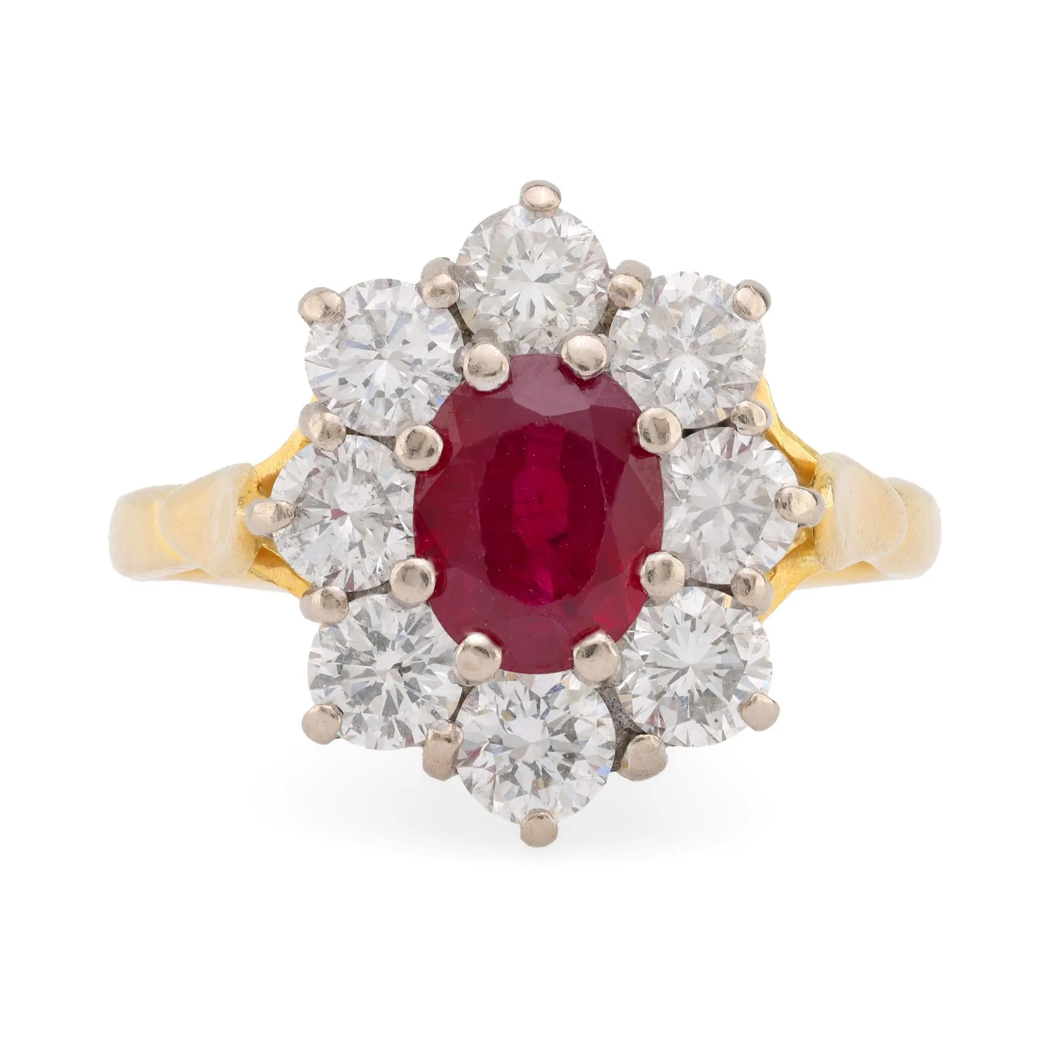 GIA 1.2 Carat Burma Ruby Diamond 18K Yellow and White Gold Cluster Ring