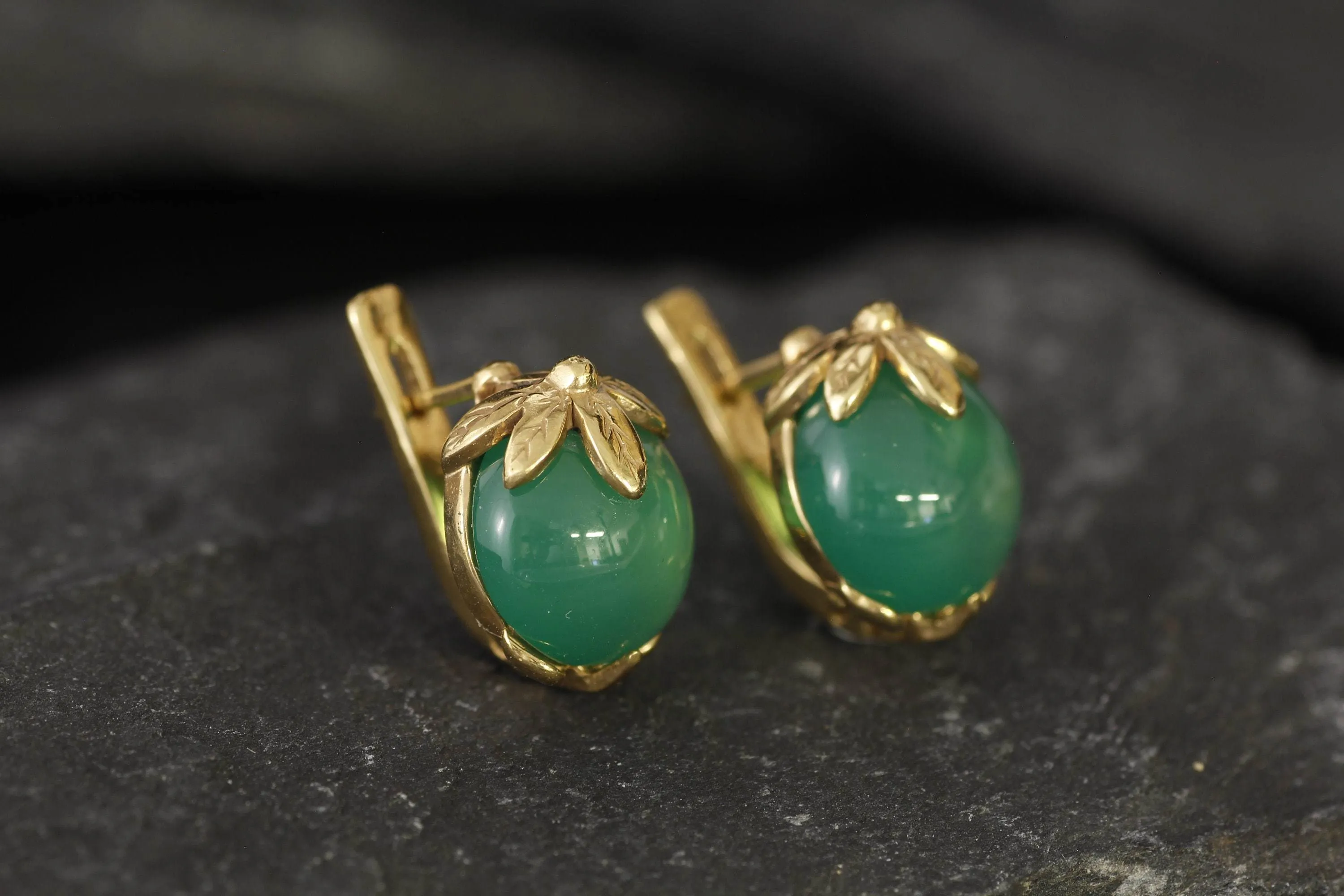 Gold Emerald Earrings - Created Emerald, Green Leaf Earrings