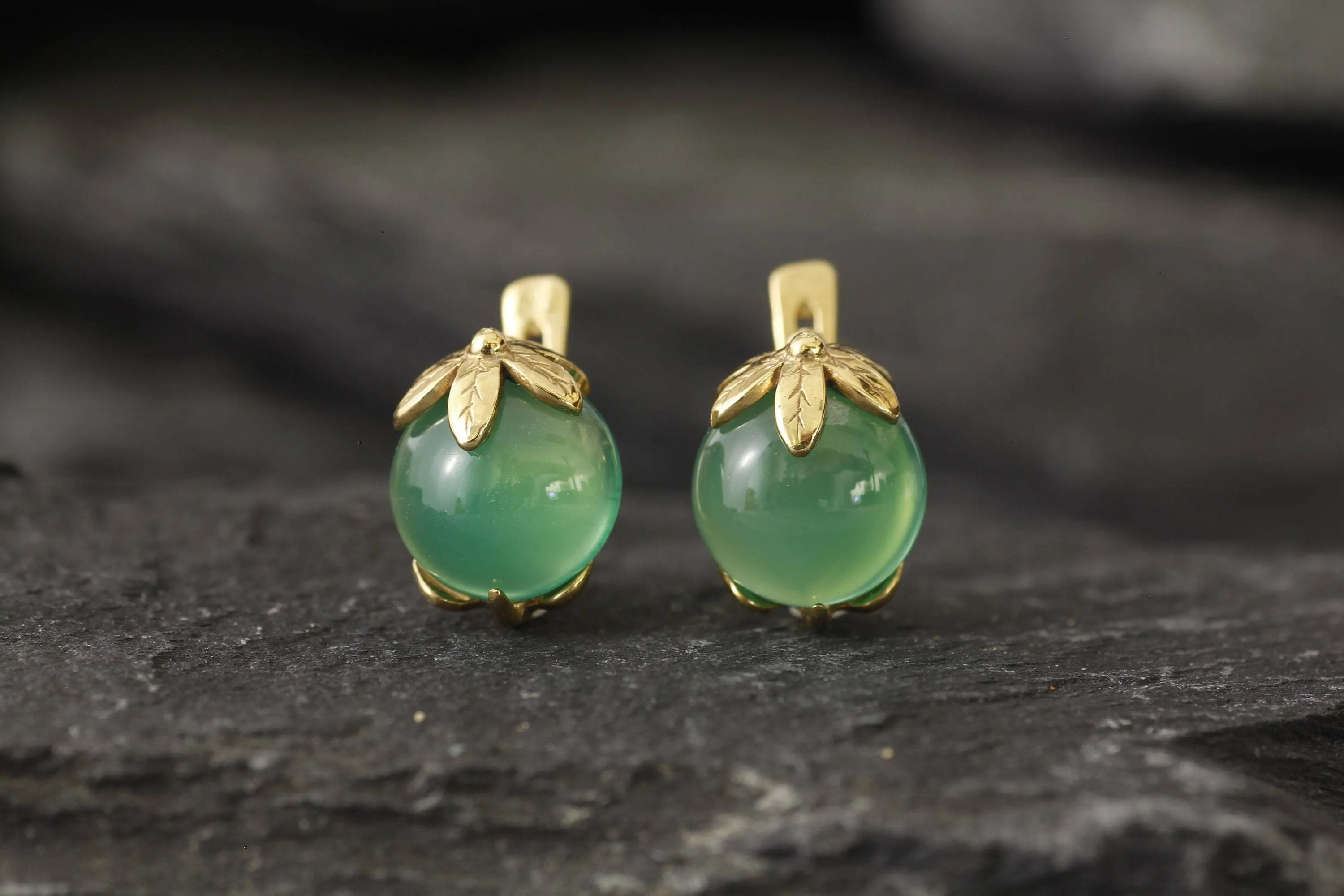 Gold Emerald Earrings - Created Emerald, Green Leaf Earrings