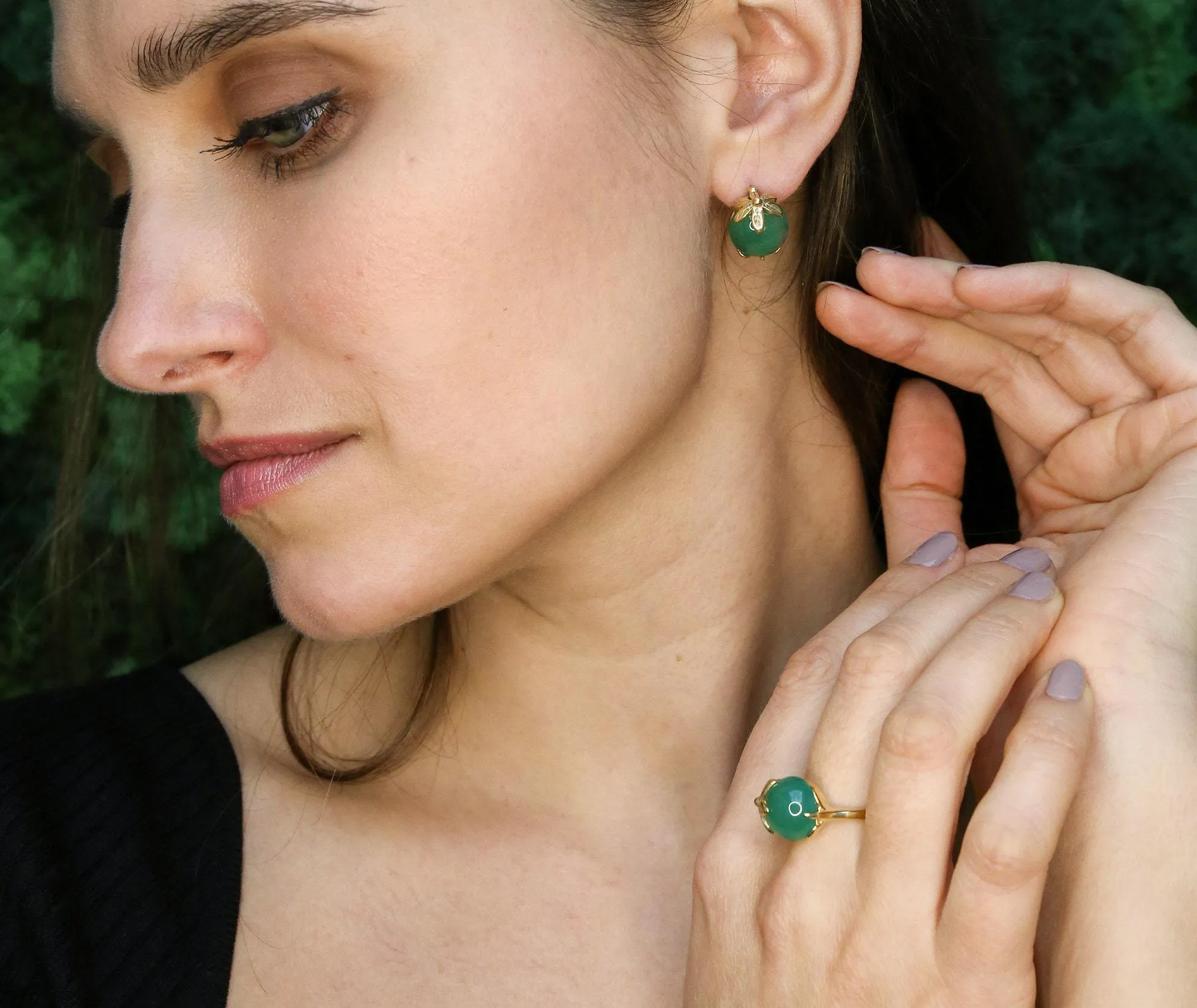 Gold Emerald Earrings - Created Emerald, Green Leaf Earrings