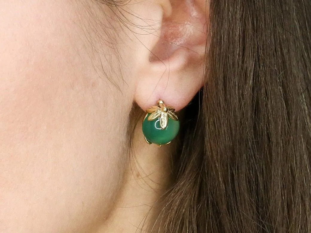 Gold Emerald Earrings - Created Emerald, Green Leaf Earrings