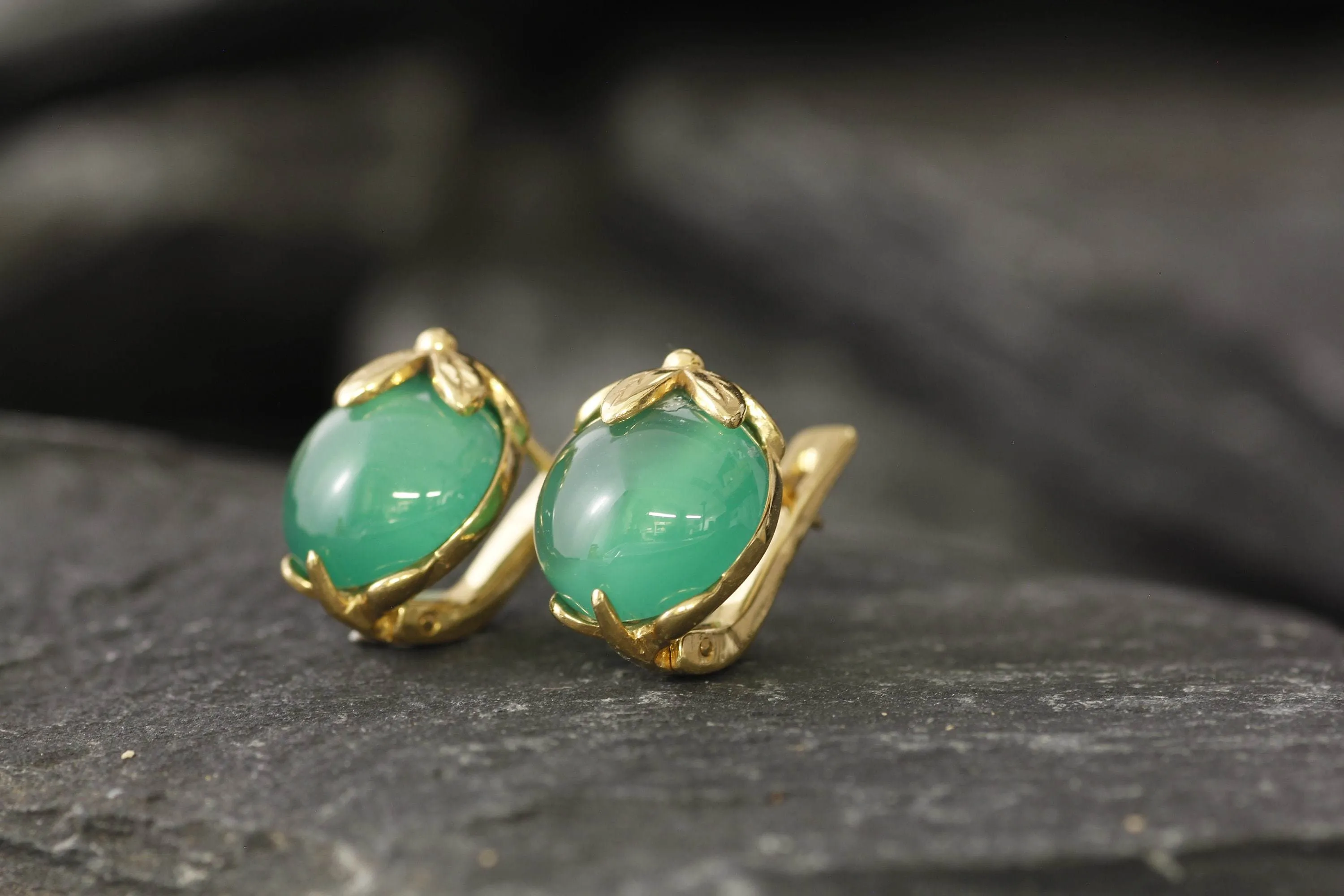 Gold Emerald Earrings - Created Emerald, Green Leaf Earrings