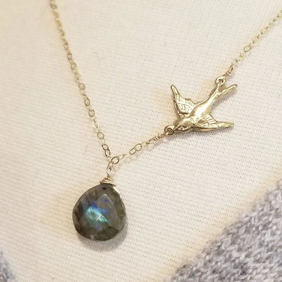 Gold Fill Bird and Labradorite Drop Necklace