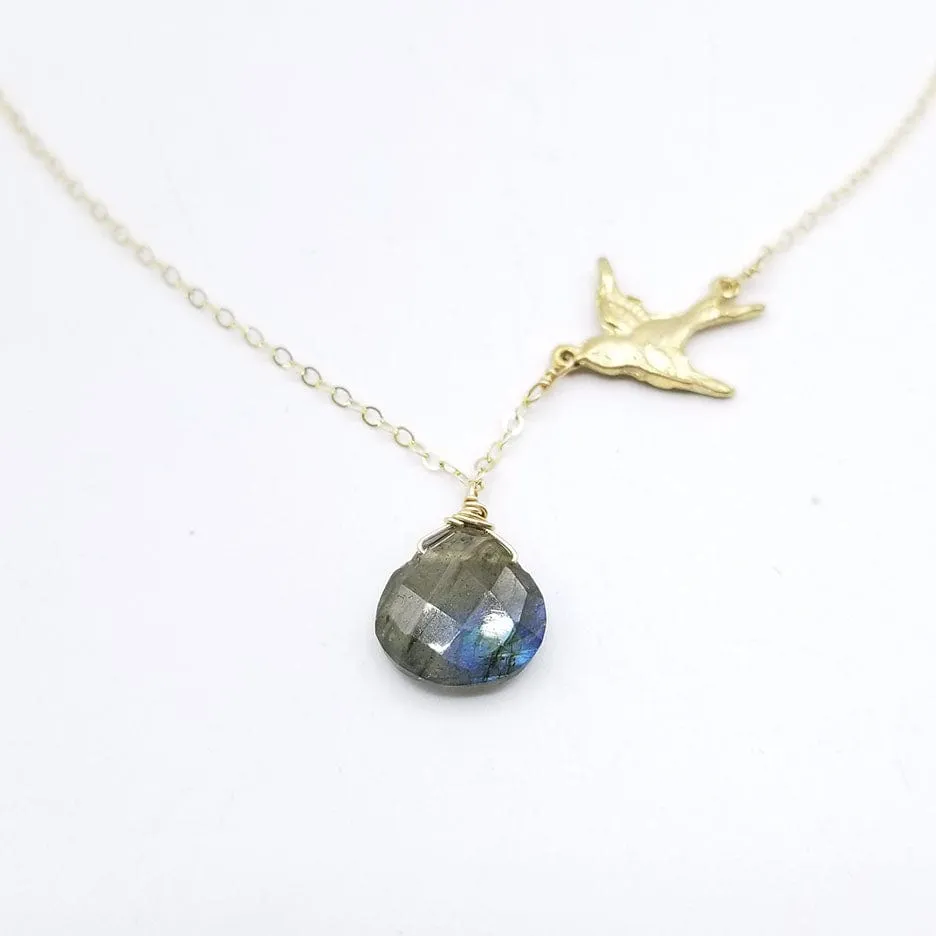 Gold Fill Bird and Labradorite Drop Necklace