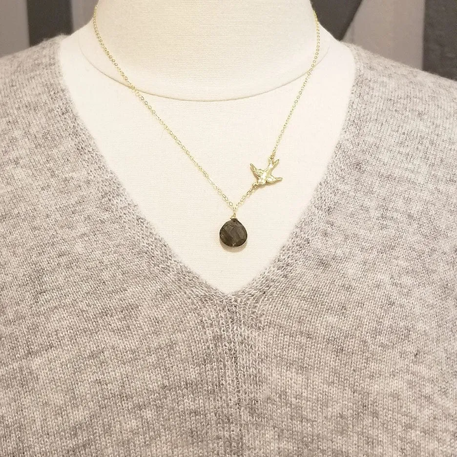 Gold Fill Bird and Labradorite Drop Necklace