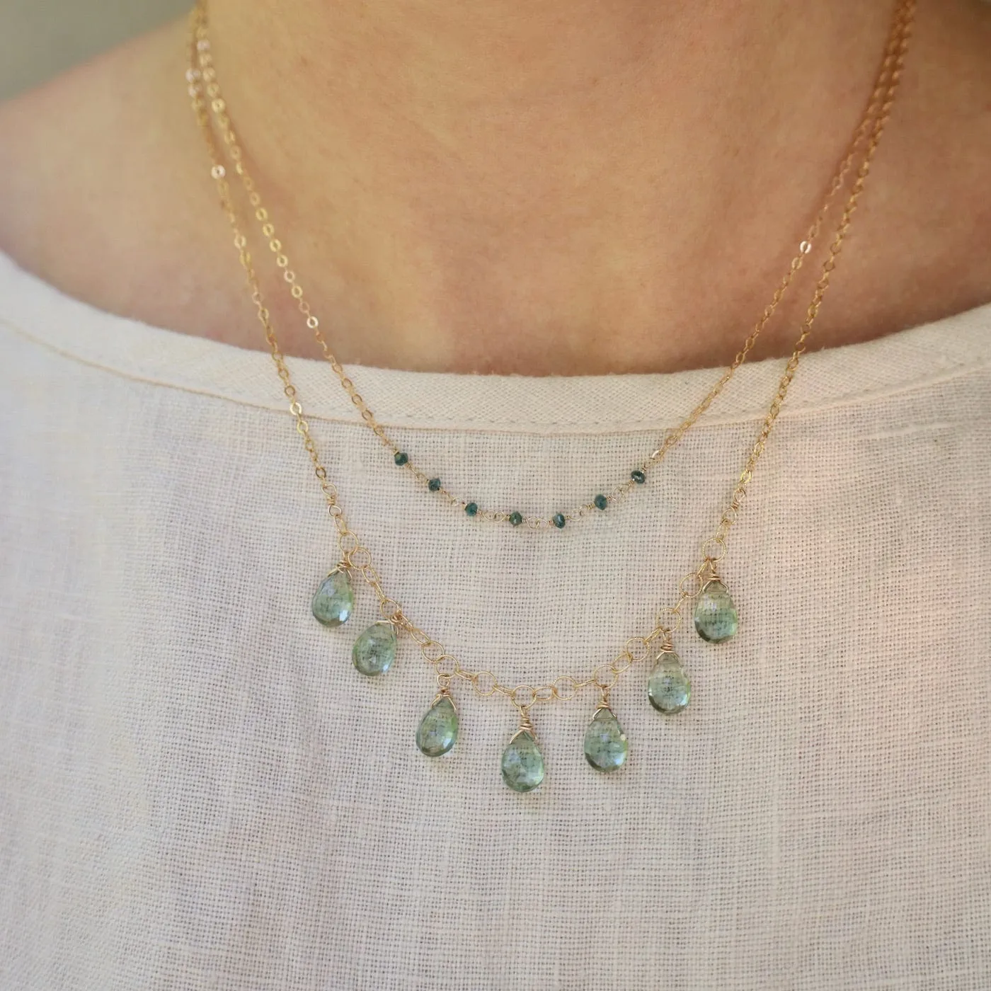 Gold Filled Chain with 7 Green Amethyst Drops  Necklace