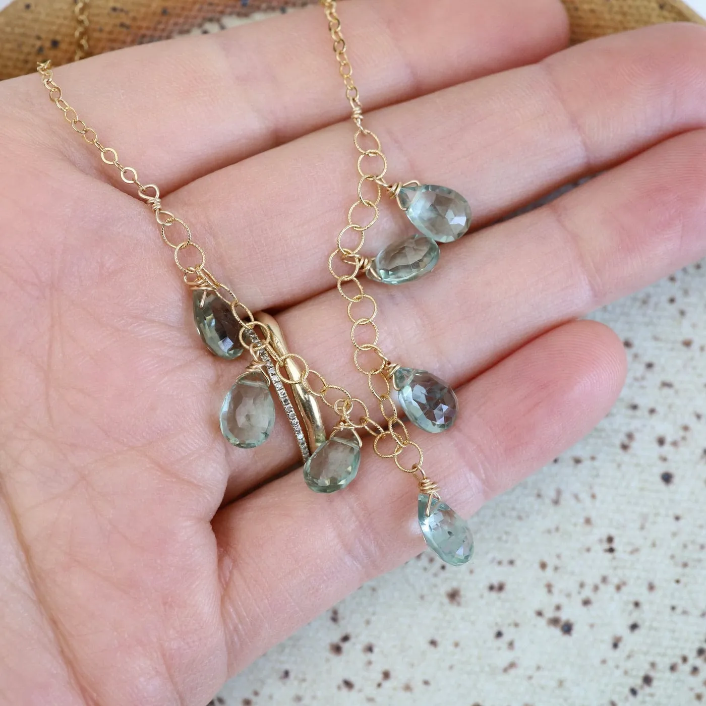 Gold Filled Chain with 7 Green Amethyst Drops  Necklace