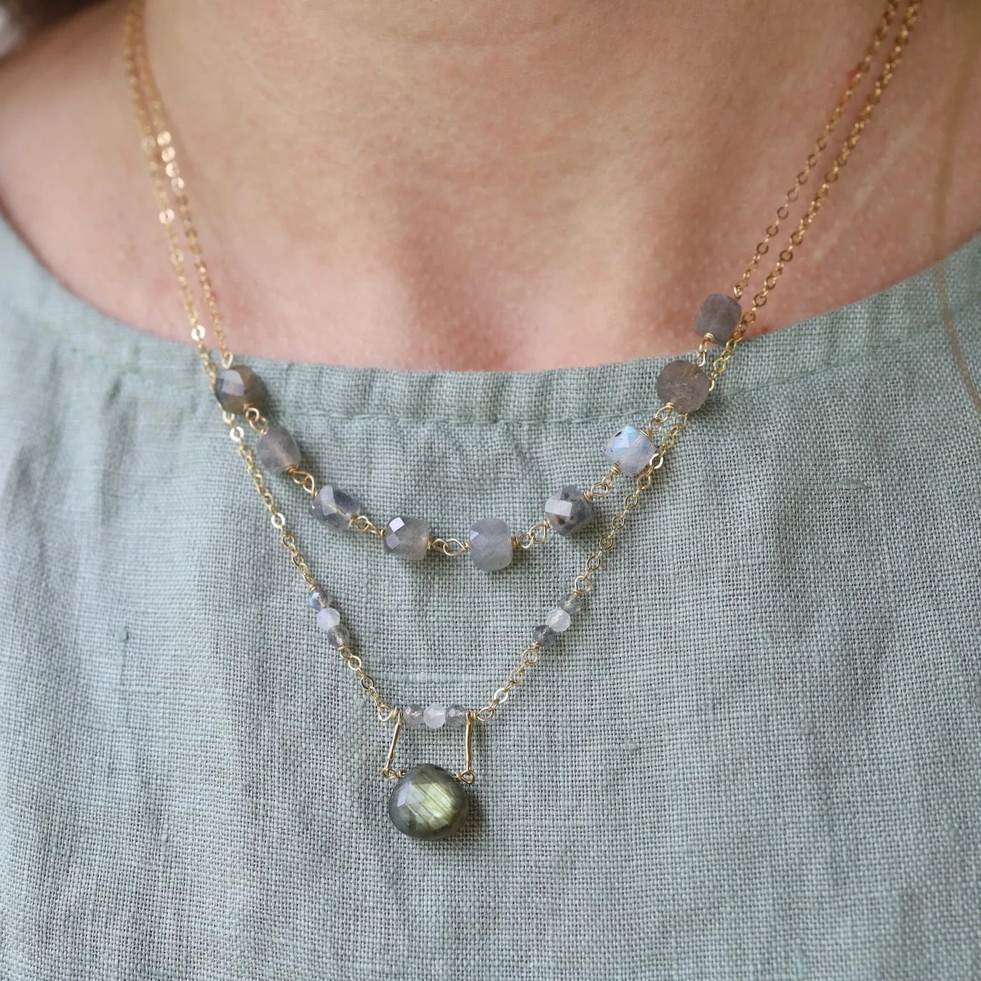 Gold Filled Drop Down Labradorite & Moonstone Necklace