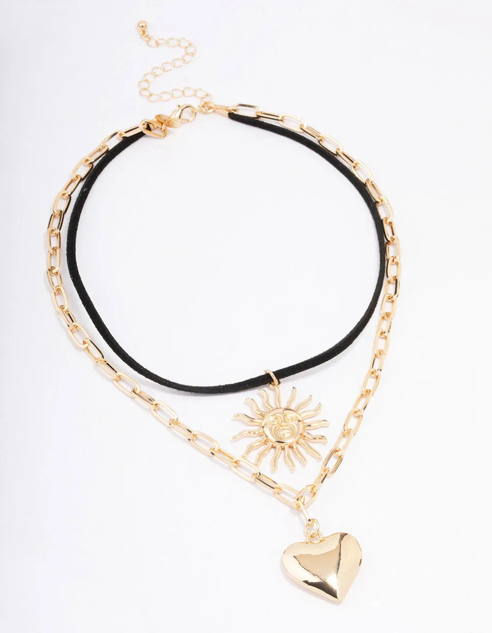 Gold Heart Sun Cord Layered Necklace