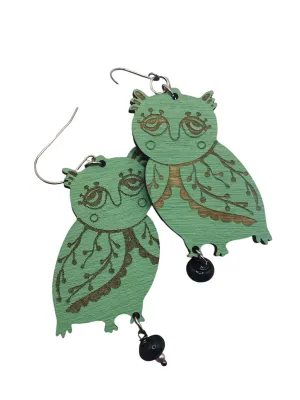 Green Owl Statement Earrings, Lightweight Wooden Earring, Maximalist Folk