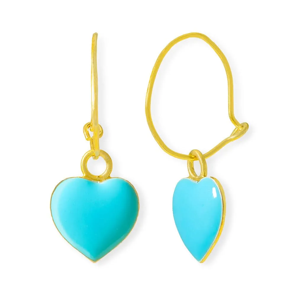 Handmade Gold Plated Silver Heart Dangle Earrings With Turquoise Enamel