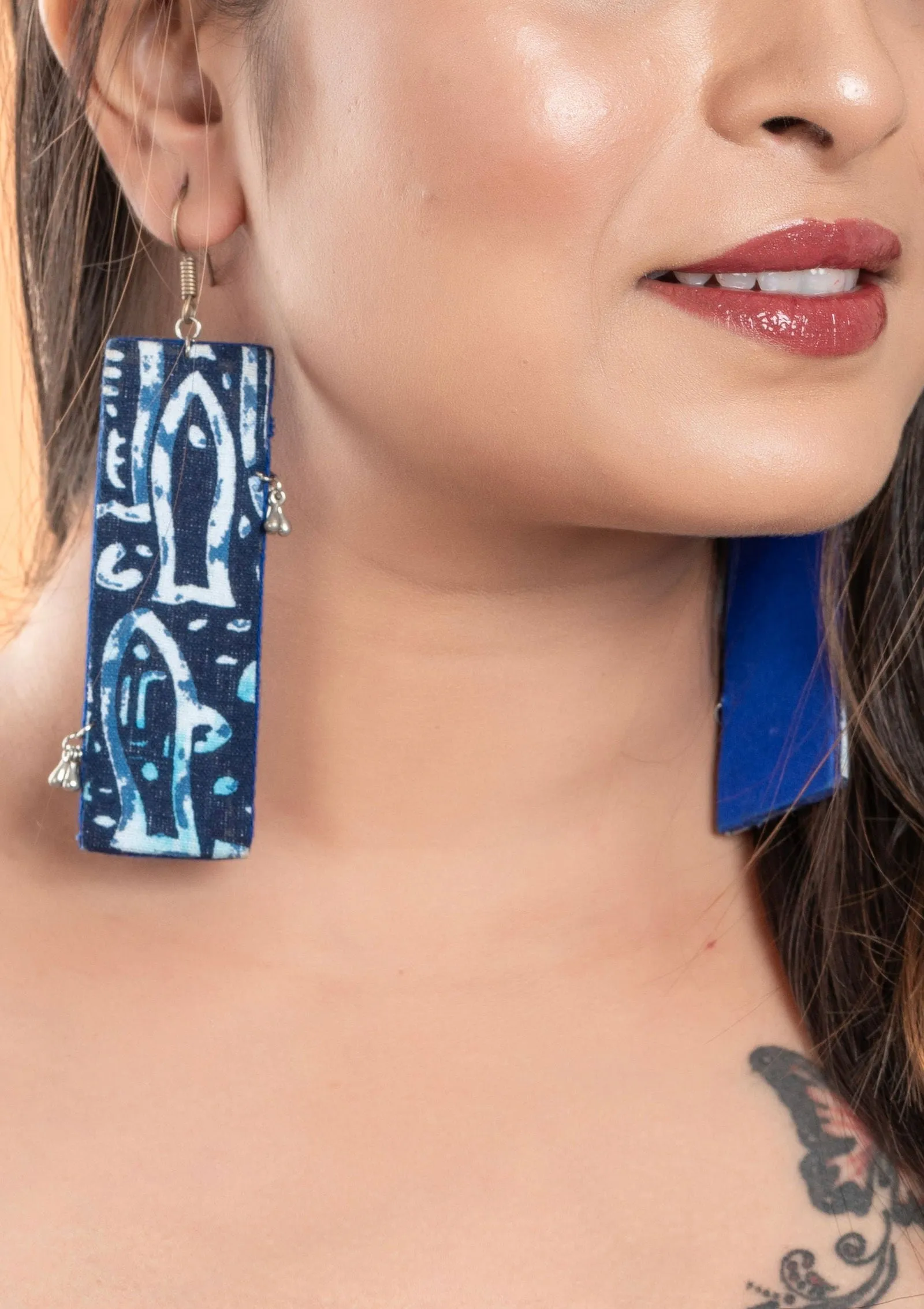 Handmade Indigo Fish Fabric Earrings with Oxidised Silver - Unique Non-Allergic Design for All-Day Wear