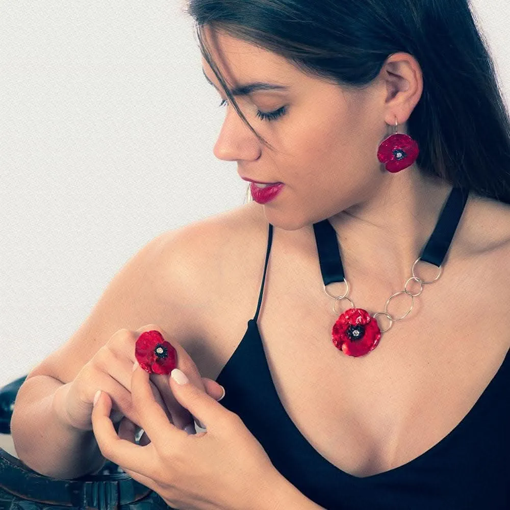 Handmade Silver Red Poppy Flower Impressive Short Drop Earrings