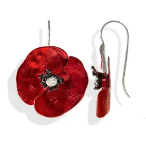 Handmade Silver Red Poppy Flower Impressive Short Drop Earrings