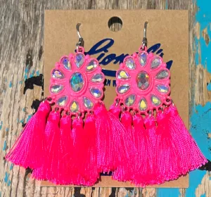 Hot Pink w/ Crystals Fringed Earrings