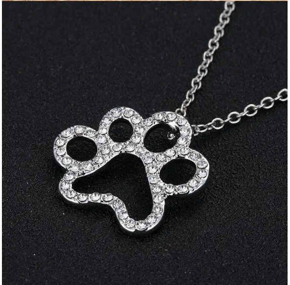 hot sale Dog Paw Black with White Crystal Rhinestone Pendant Necklaces Jewelry Vintage Rhodium Plated for women best gifts