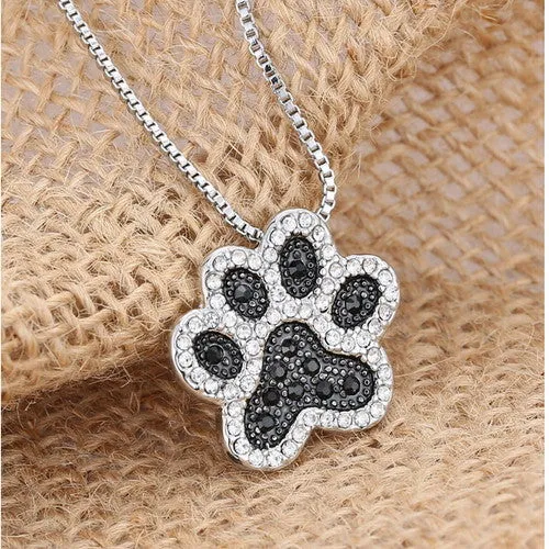 hot sale Dog Paw Black with White Crystal Rhinestone Pendant Necklaces Jewelry Vintage Rhodium Plated for women best gifts